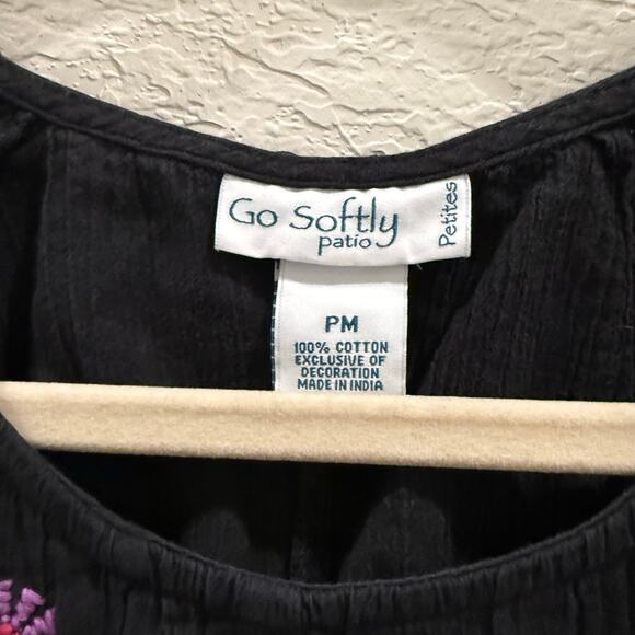 Go Softly Patio Dress Black Patio House Dress Embroidered Flowers 100% Cotton - Picture 3 of 6